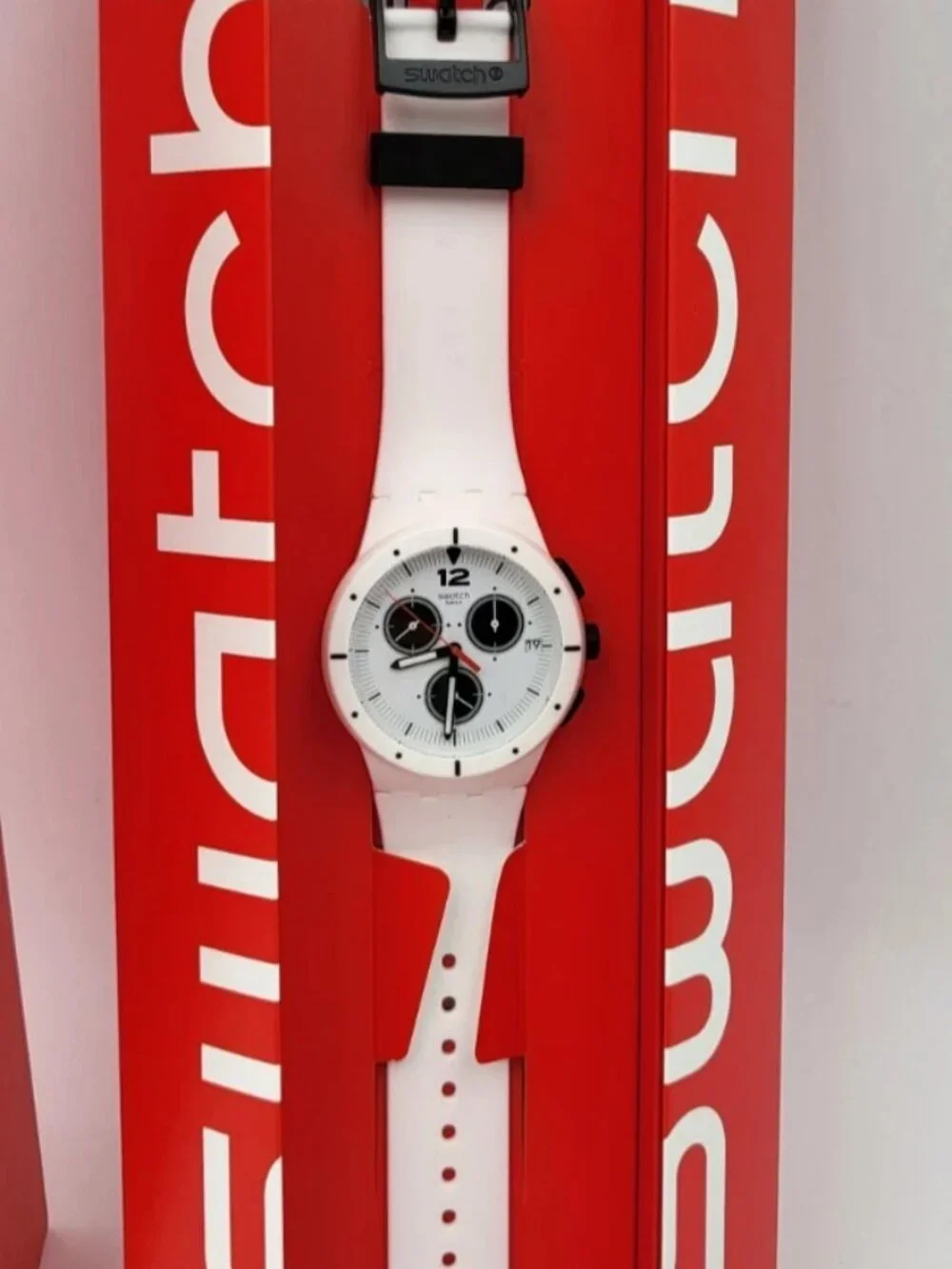 Swatch WHY AGAIN SUSW406 White Chronograph Swiss Quartz Watch 42